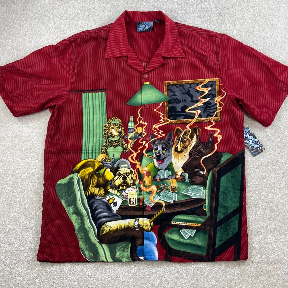 Vtg Sapphire Lounge Button Down Shirt Mens XL Red Dogs Playing Poker Graphic